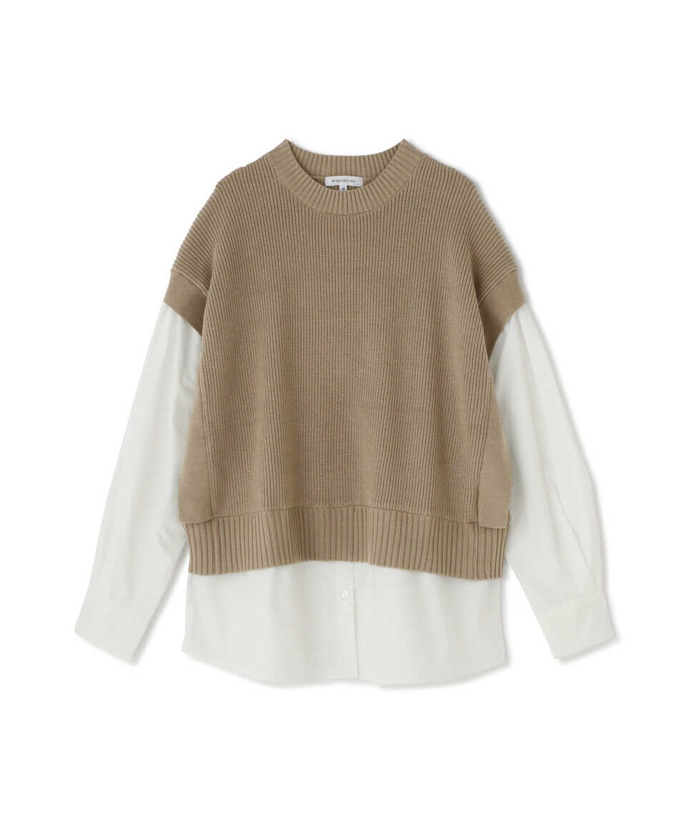 【公式／NATURAL BEAUTY BASIC】【PetitLUXE】シャツコンビネーションニット/女性/ニットトップ/モカ/サイズ：Ｍ/コットン 65% ポリエステル 26% ナイロン 9%（別布部分）ポリエステル 65% コットン 35%