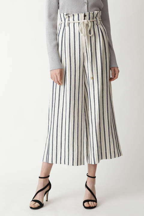 ロープベルト付麻混ストライプパンツ