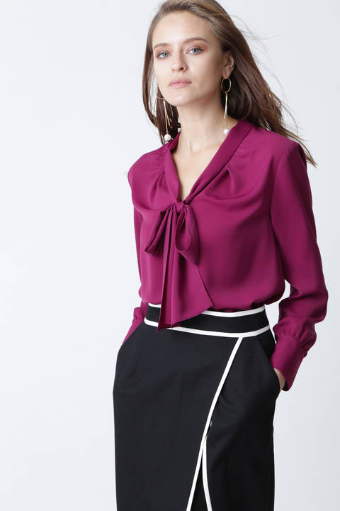 [ウォッシャブル]ダブルサテンボウタイブラウス