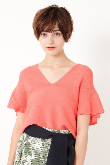  ジョリーンラッフルスリーブVネックニット 