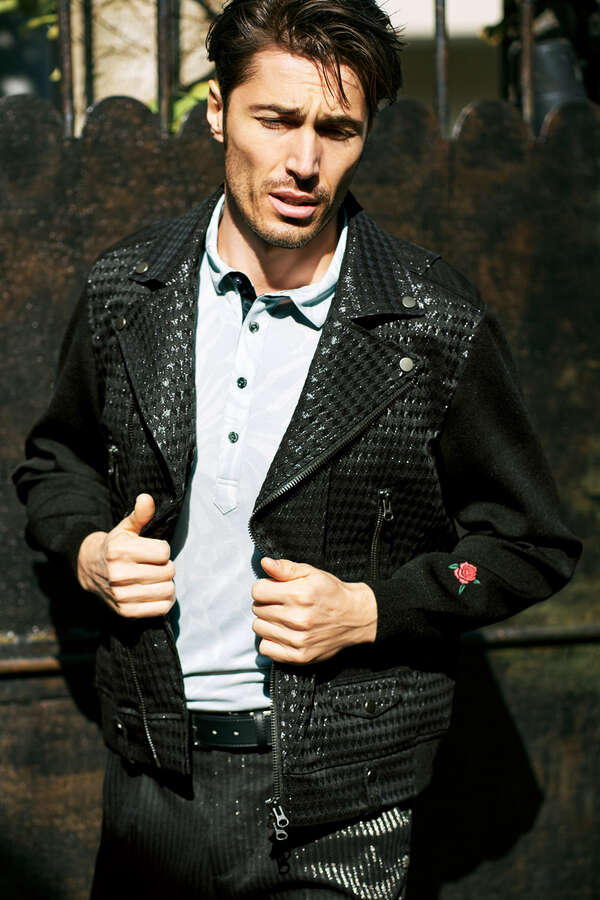 St Andrews 千鳥ラメジャガード袖ニットライダースジャケット Mens
