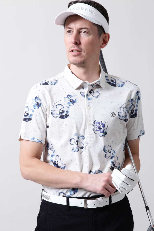 ウィンドフラワープリント ポンチ半袖ポロシャツ (MENS)
