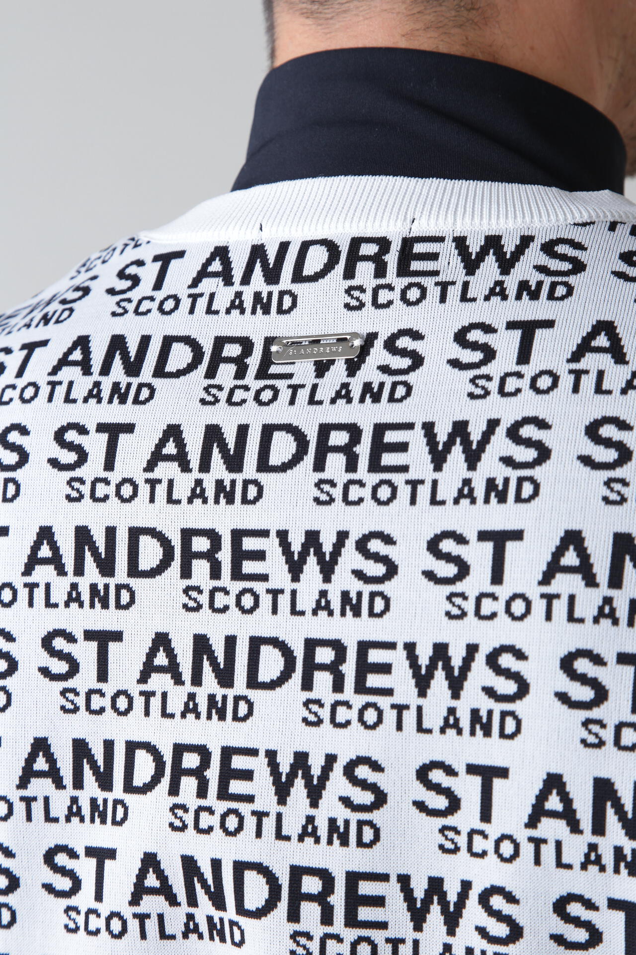 St ANDREWS】18Gロゴ配色ダブルジャガード クルーネックニットプル 