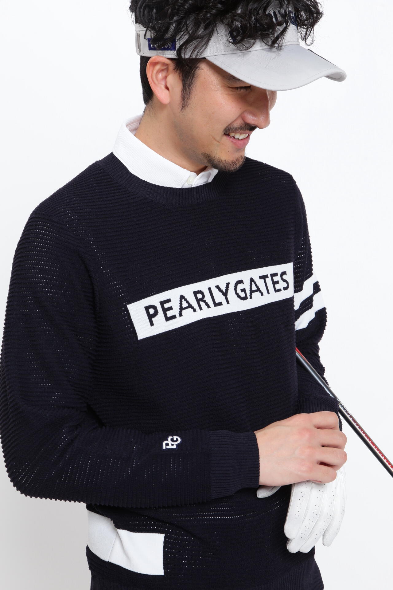 PEARLY GATES】パイル編みメッシュ クルーネックニットプルオーバー-