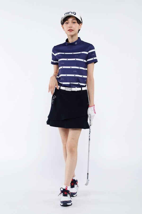 【PING APPAREL】星柄ボーダーストレッチスムース半袖ハイネックカットソー ＜LADIES LINE＞ (LADIES)