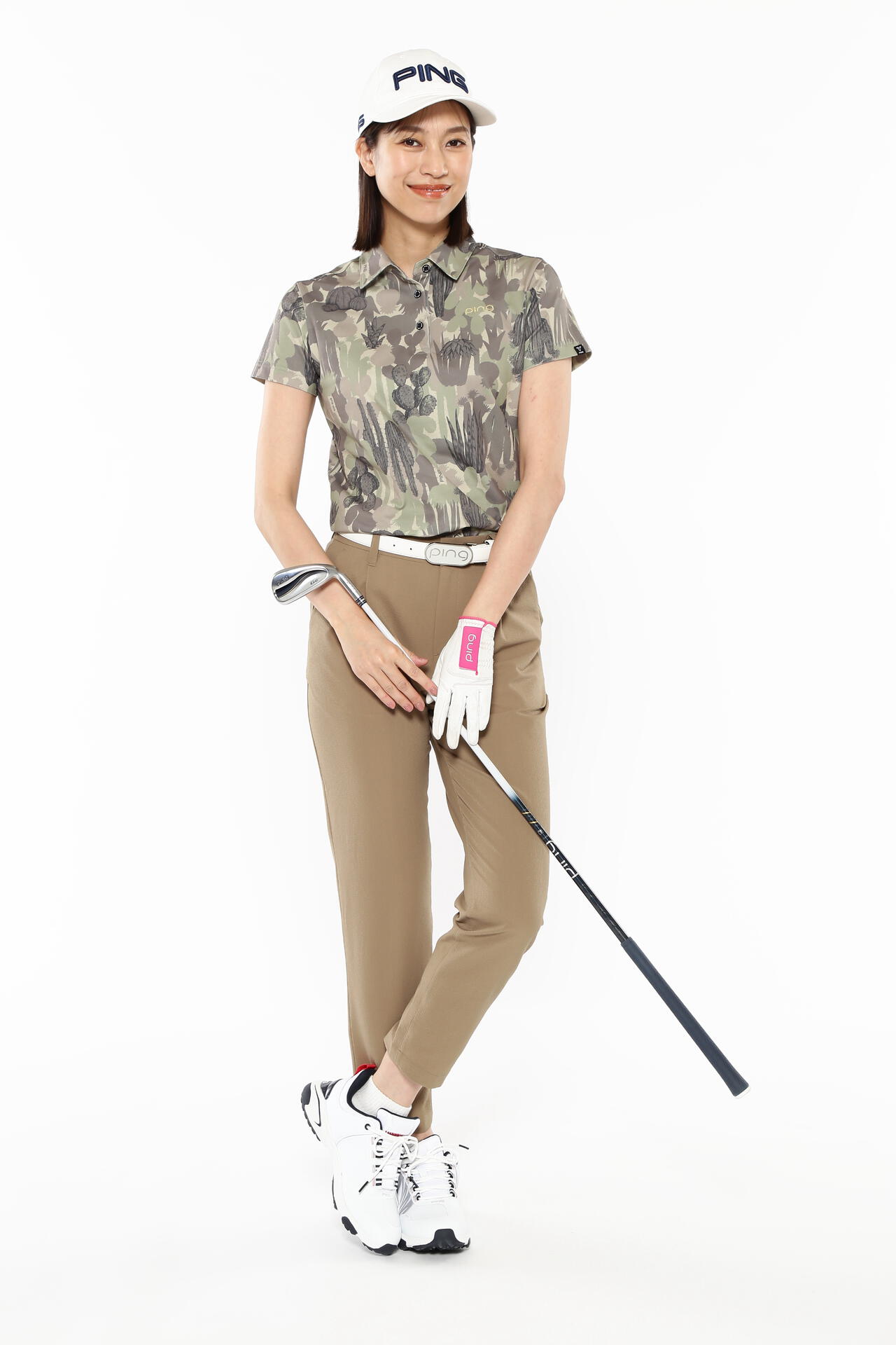 ピン】【PING APPAREL】カモフラ柄共襟 半袖ポロシャツ ＜GOLD＞ (LADIES)
