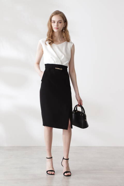 ベルト付きバイカラーラップ風ワンピース Tokyostyle