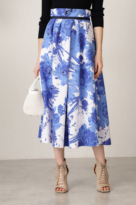 グラデーションフラワープリントタックフレアスカート Tokyostyle