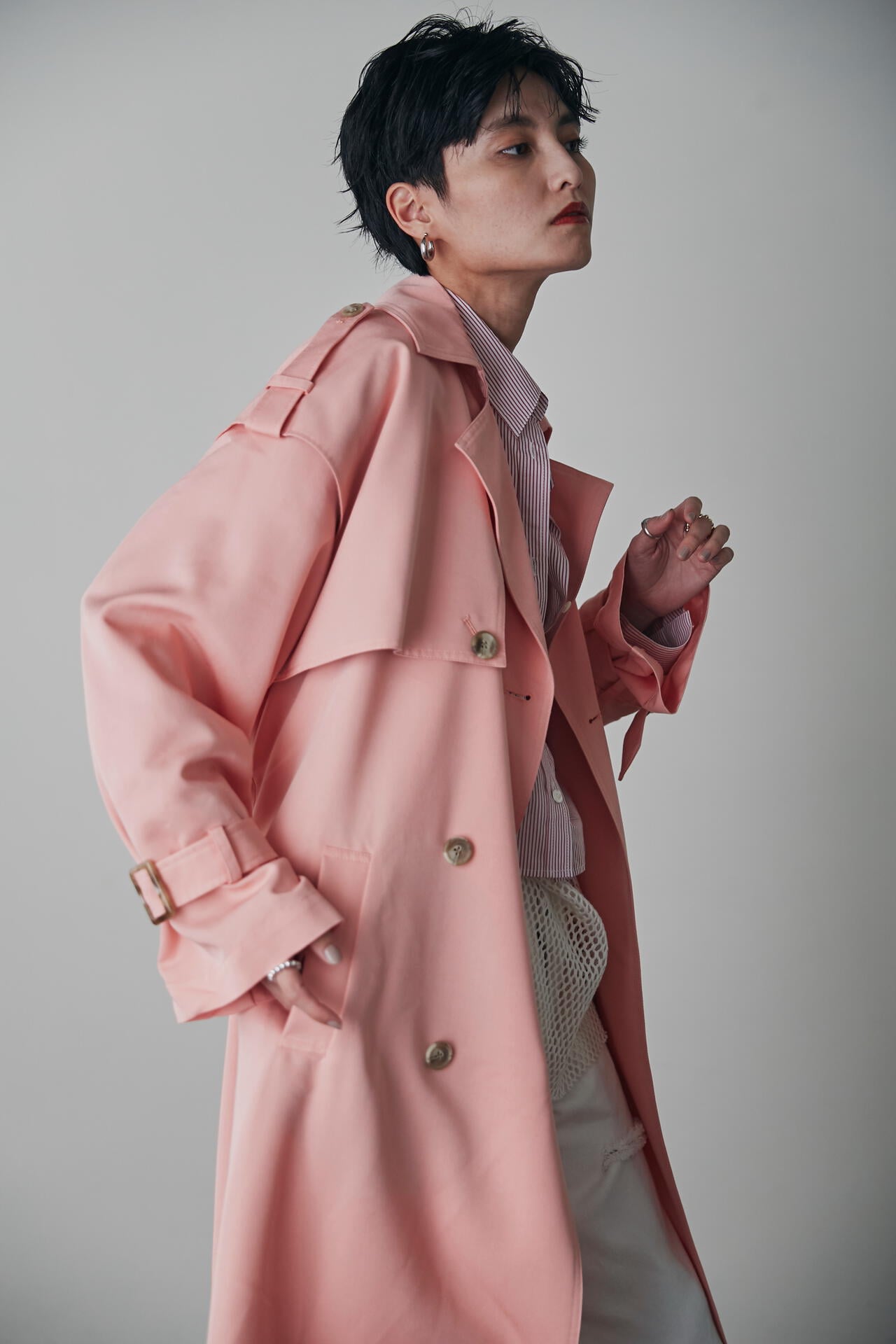日本製安いtocco 袖ビジューテロンチコート ピンク スプリングコート