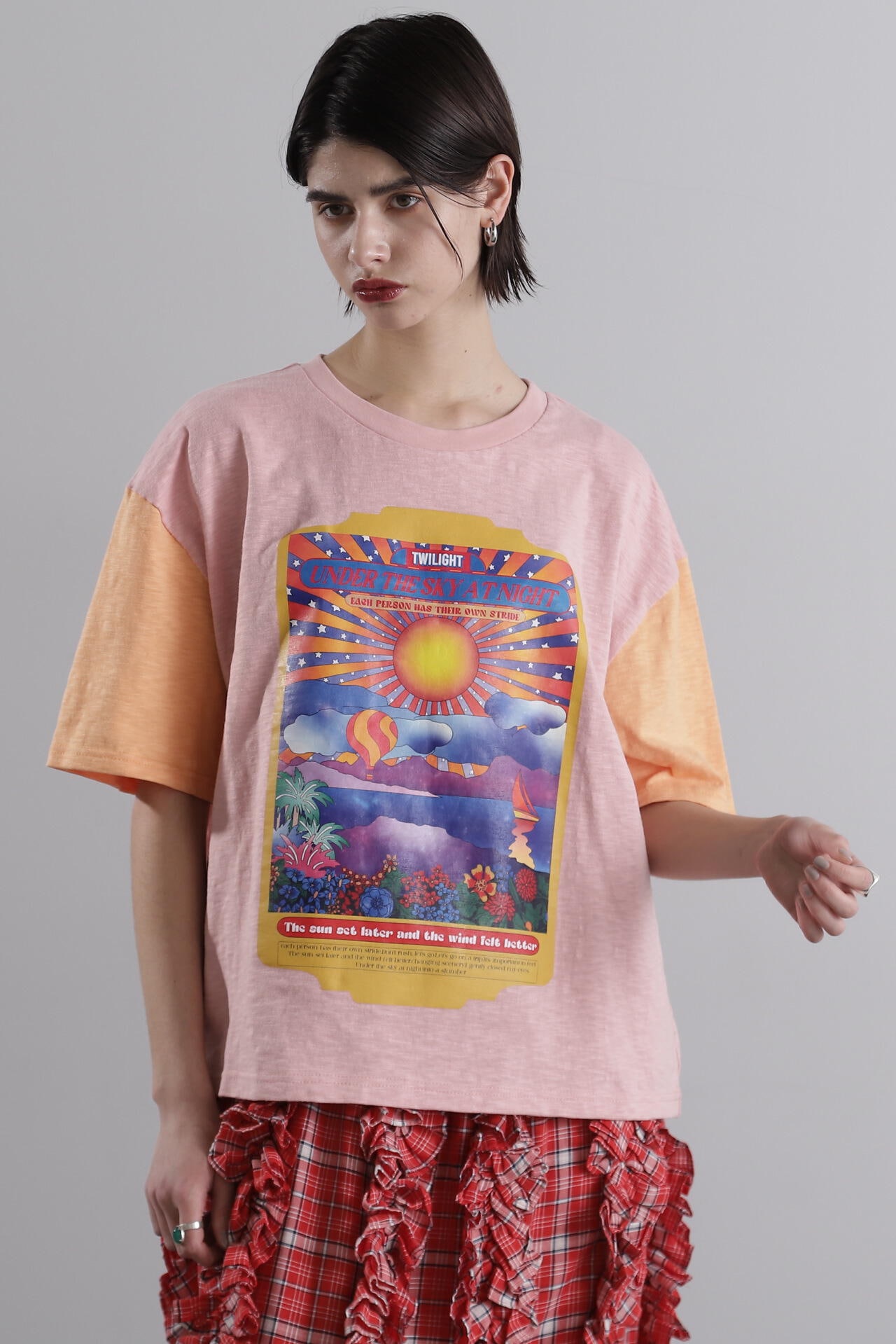 袖配色 プリントTシャツ