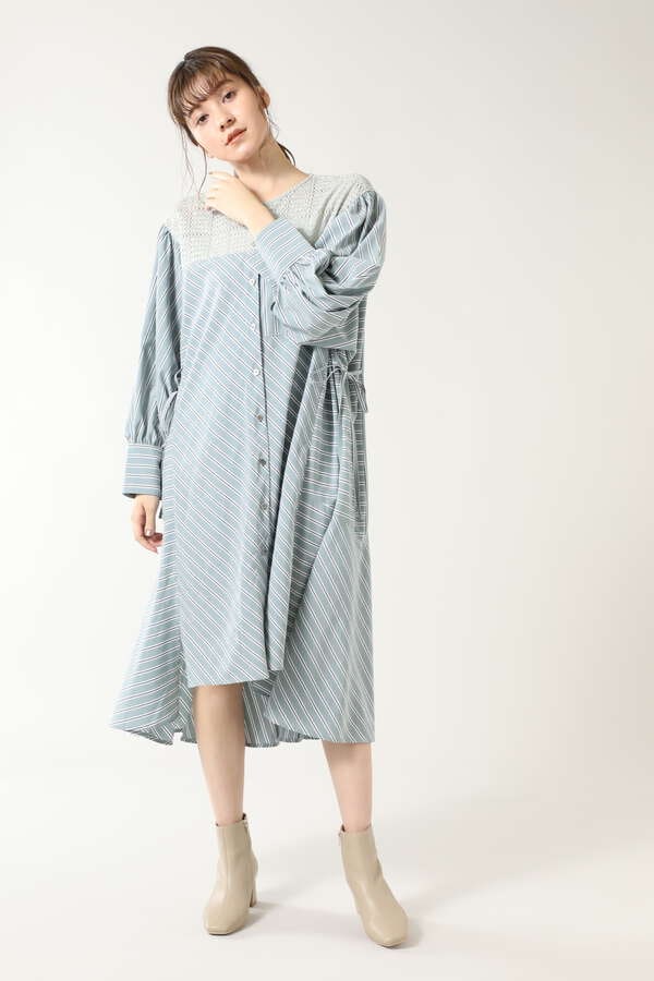 【OKIRAKU×ROSE BUD】パネルレースヨークストライプシャツドレス (ホワイト・グリーン) | 【公式通販】レディースファッションの