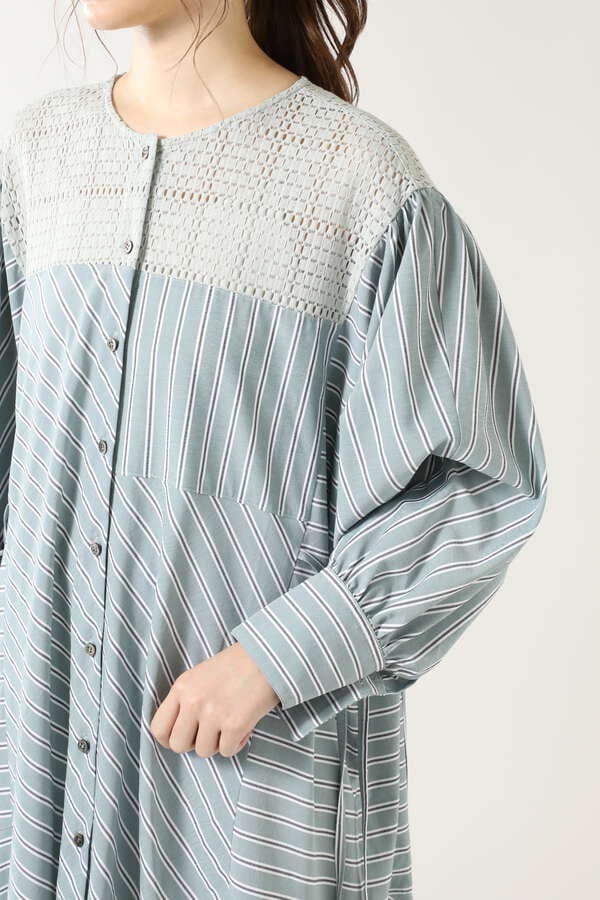 【OKIRAKU×ROSE BUD】パネルレースヨークストライプシャツドレス (ホワイト・グリーン) | 【公式通販】レディースファッションの