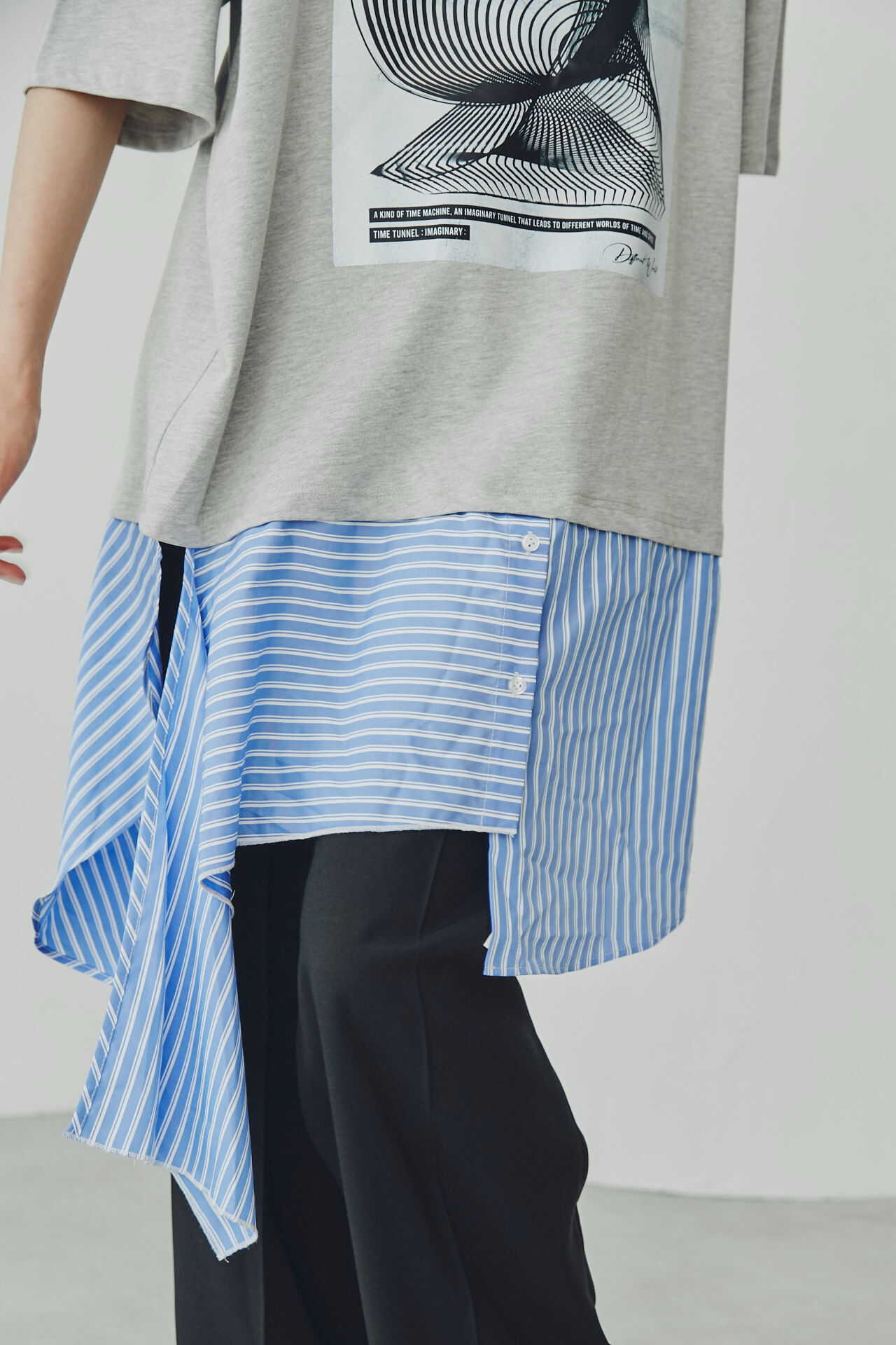 OKIRAKU×ROSE BUD】ストライプシャツドッキングTシャツ (ブラック
