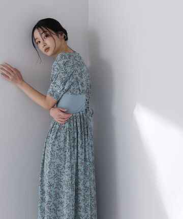 リブ切替フラワープリントワンピース