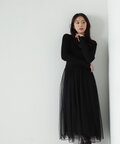 【グレージュ・チャコール追加生産予約11月上旬-中旬入荷予定】【Oggi10月号掲載】チュールドッキングニットワンピース
