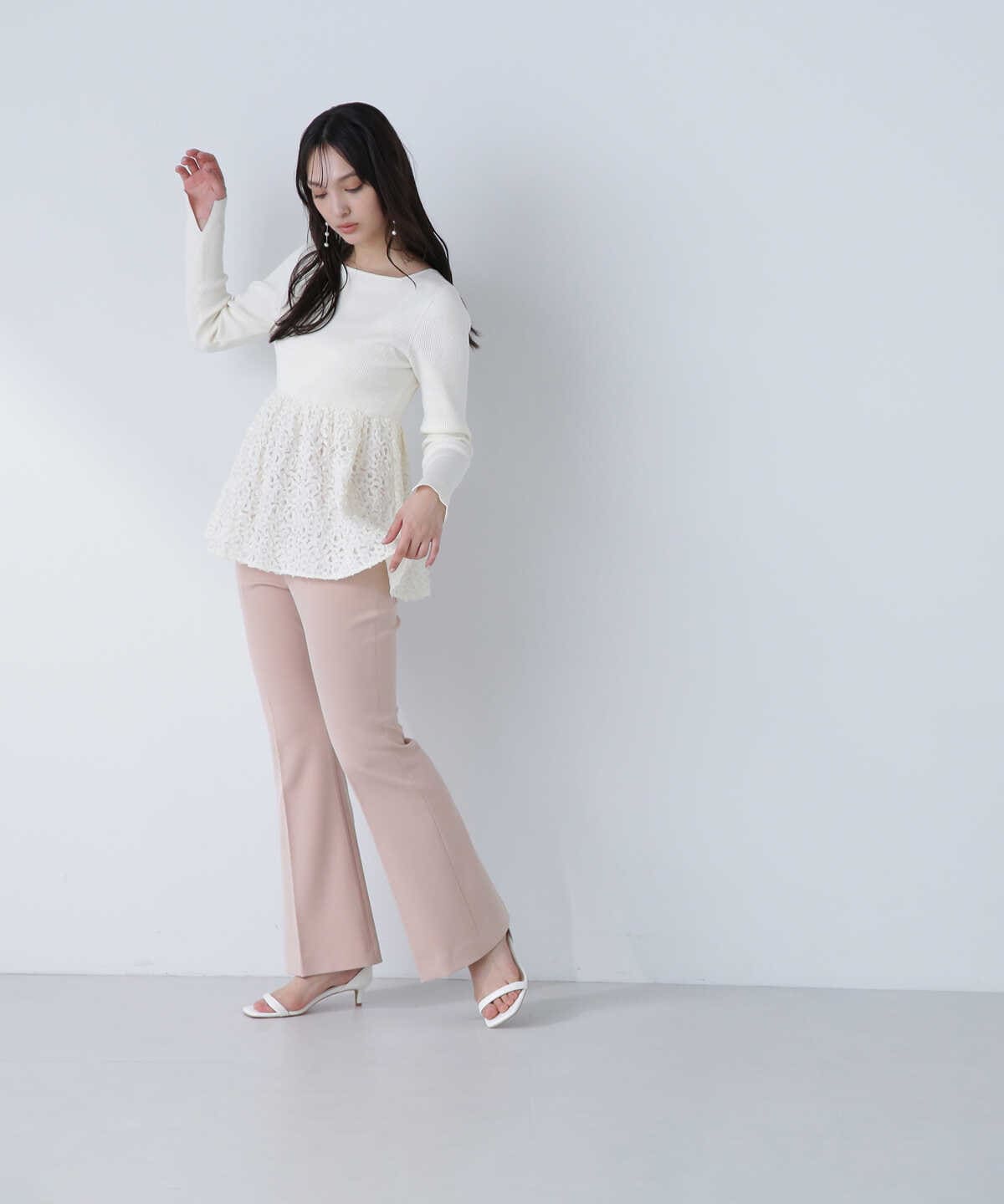 LUMINE・LUCUA・official site 限定】レース切替ペプラムニット