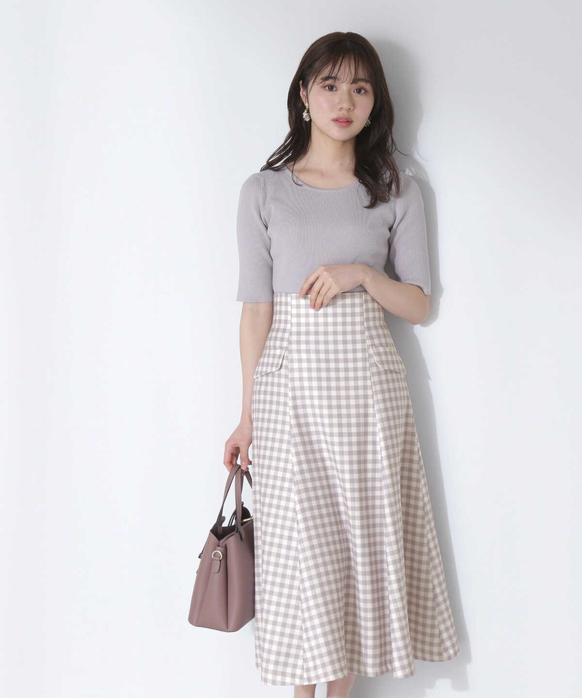 チェックミックスフラップフレアスカート WEB限定カラー：カーキギンガム