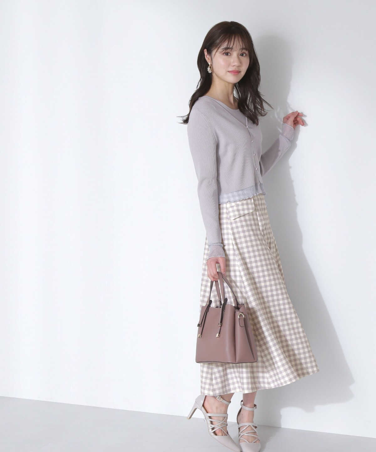 チェックミックスフラップフレアスカート WEB限定カラー：カーキ 