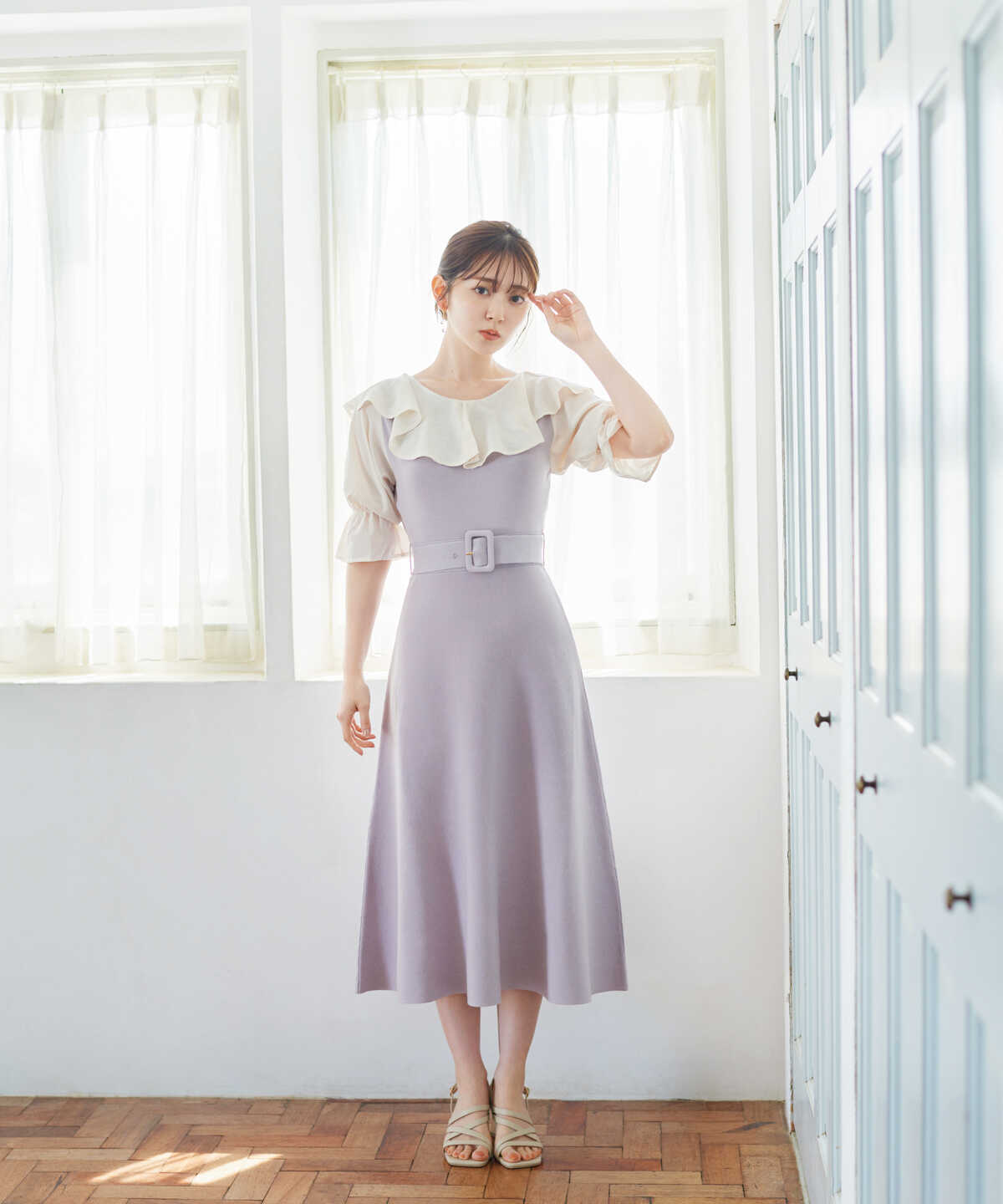 【鈴木愛理さん着用】ウエストベルト付きラッフルニットワンピース