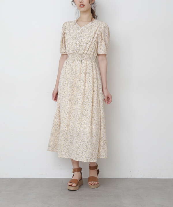 Vネック袖タック小花柄ロングワンピース Free S Mart サンエービーディーオンラインストア Sanei Online Store