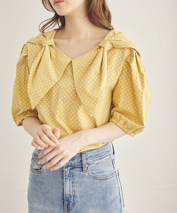 リボンカラーパフスリーブブラウス