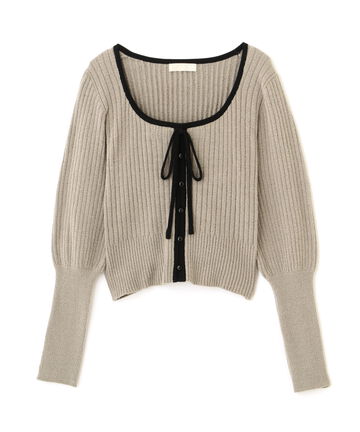 ショート丈ブークレ配色リボンニット