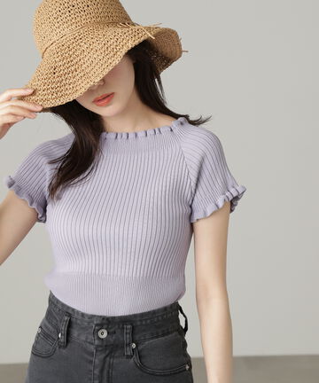 ［ラベンダーカラーWEB限定］2Wayオフショルフリルリブ半袖ニット