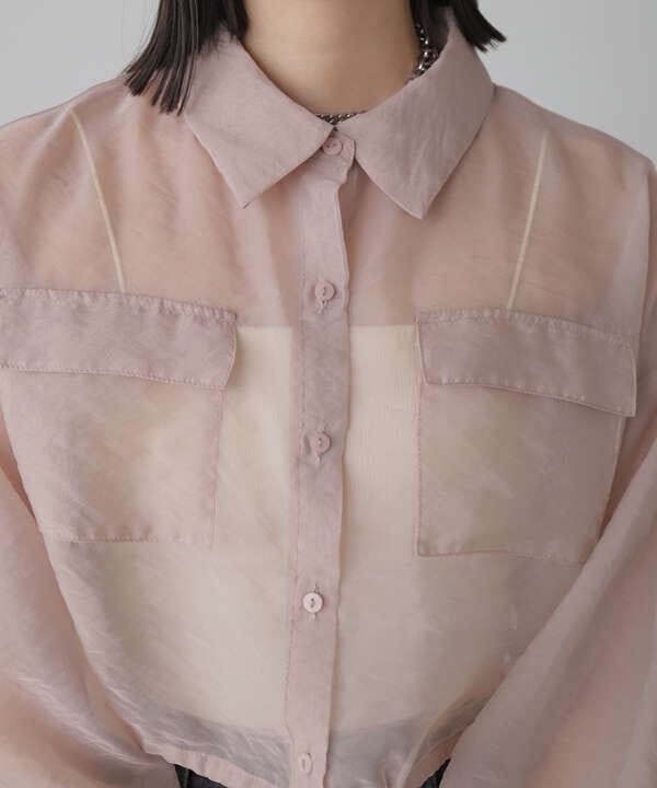 【追加生産予約5月下旬-6月上旬入荷予定:ピンクカラーのみ】裾ドロストショート丈シアーシャツ