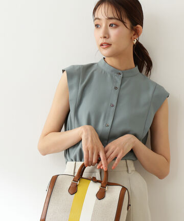 配色ボタンショルダースリーブブラウス