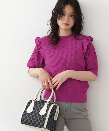 柄編みパフスリーブニット