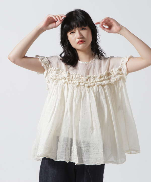 RHODOLIRION/ロドリリオン SILK COTTON SHIRRING FRILL TOP