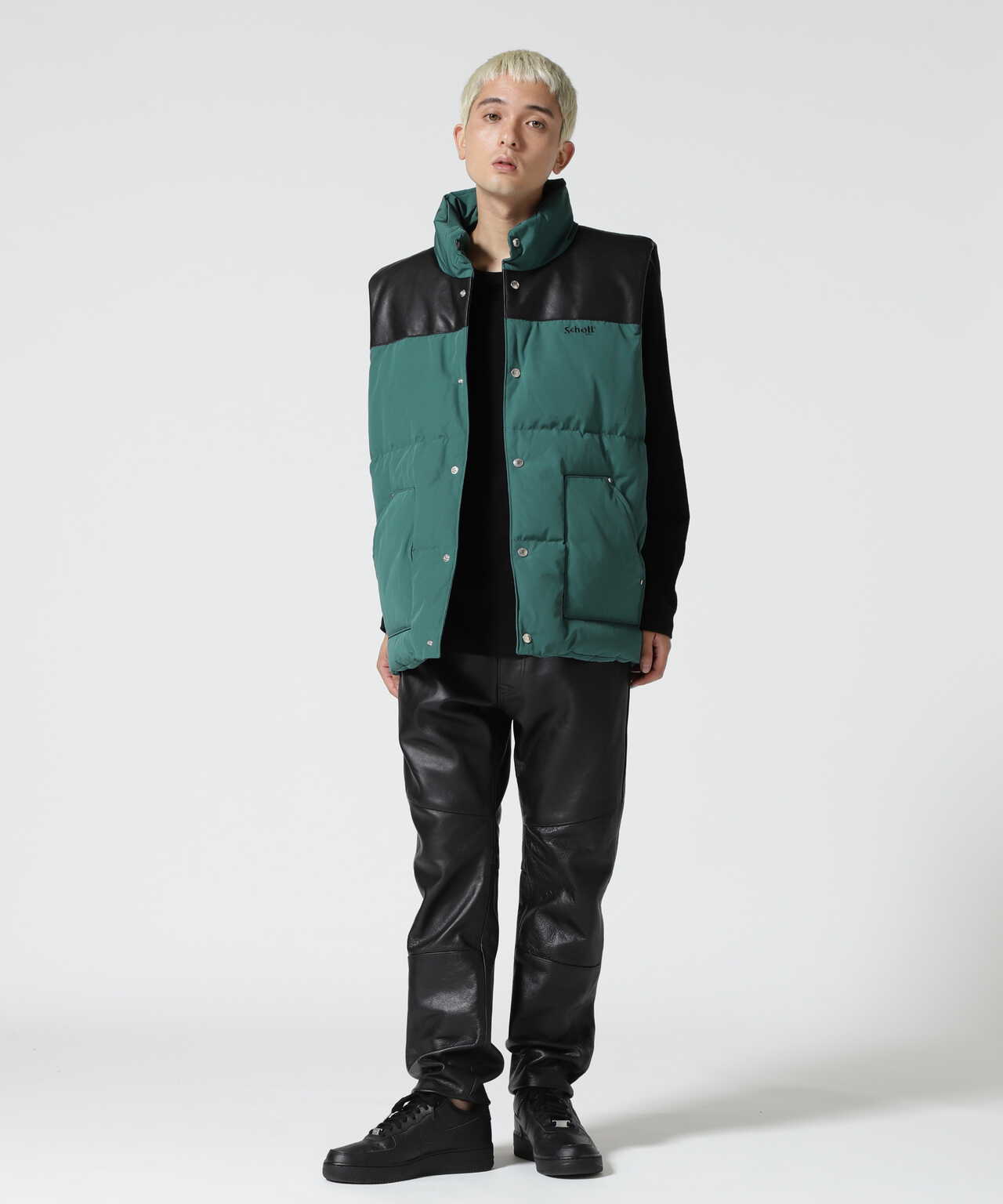 LEATHER COMBI DOWN VEST/レザーコンビ ダウンベスト | Schott