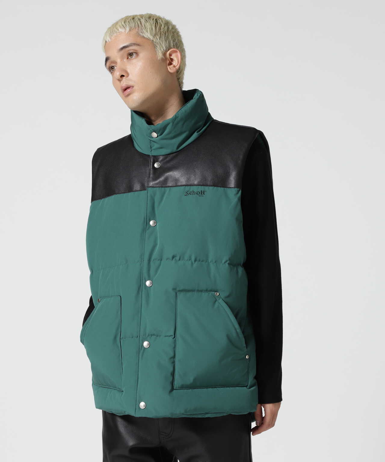 LEATHER COMBI DOWN VEST/レザーコンビ ダウンベスト | Schott