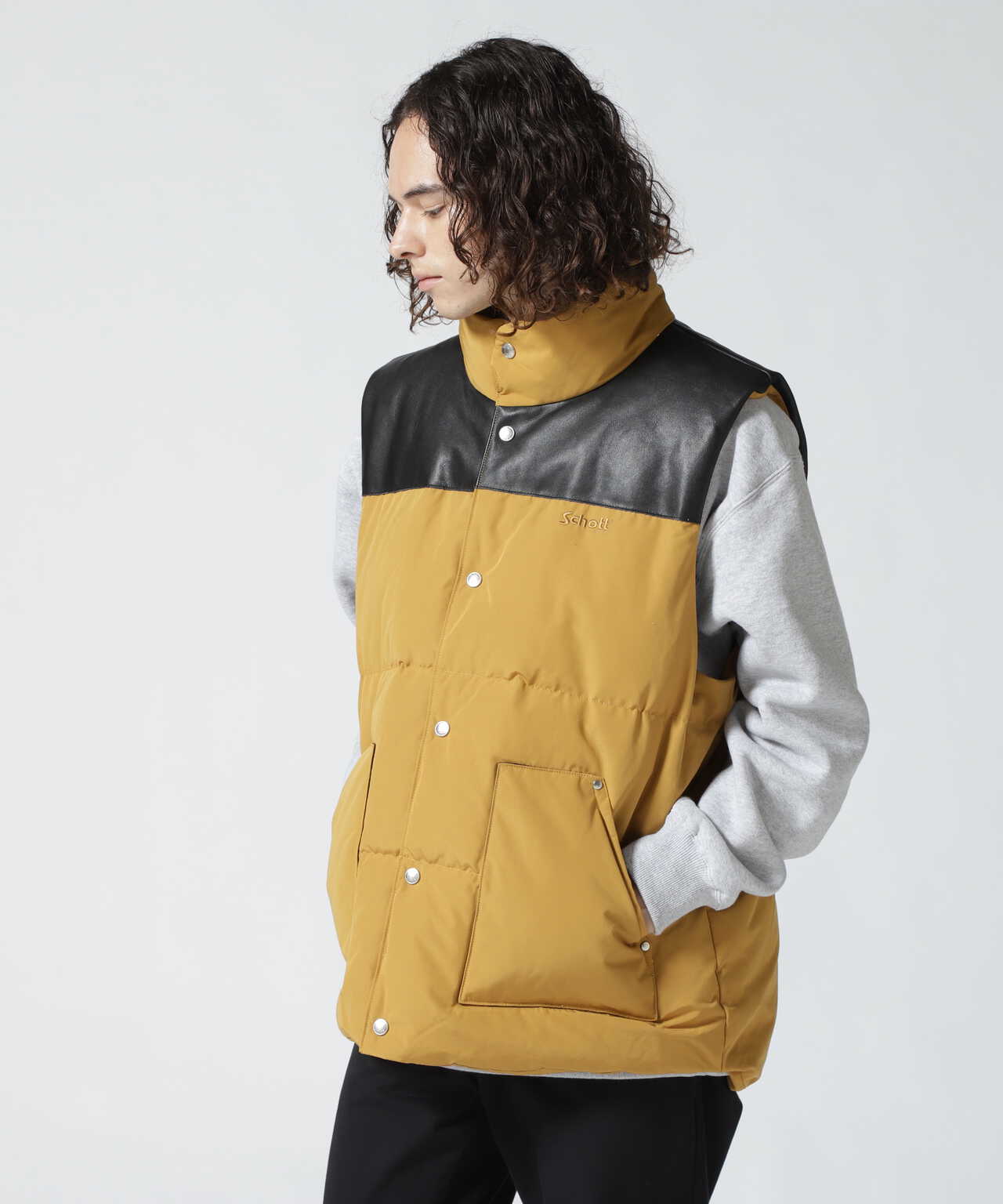 LEATHER COMBI DOWN VEST/レザーコンビ ダウンベスト | Schott 