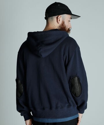 【先行予約 1月中旬-1月下旬入荷予定】LEATHER ELBOW PATCH ZIP HOODED SWEAT