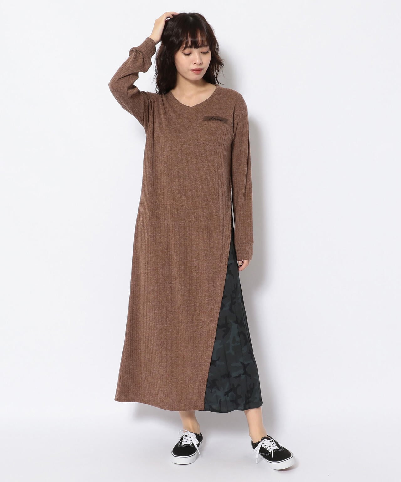 リブニットライククロス プリーツワンピースドレス/ RIB KNIT LIKE