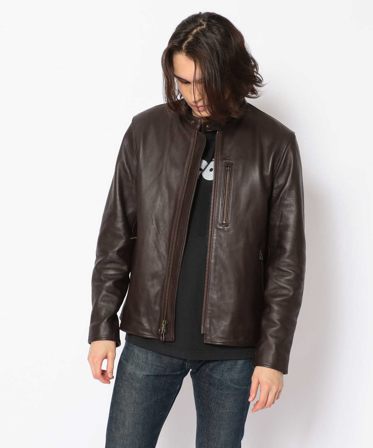 ブラック シングル レザージャケット Leather Jacket#
