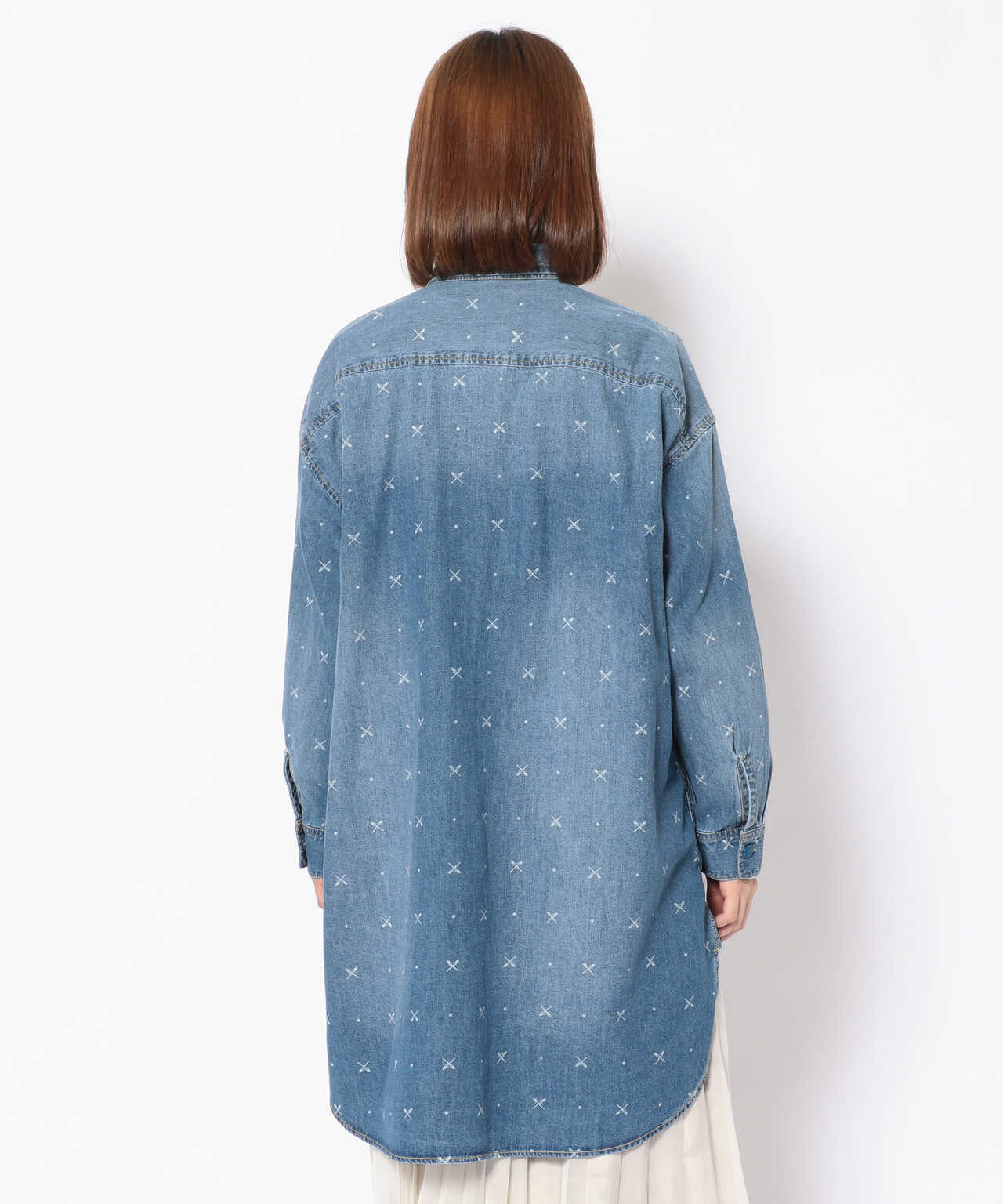 WHOLE PATTERN TUNIC DENIM SHIRT/ 総柄チュニックデニムシャツ