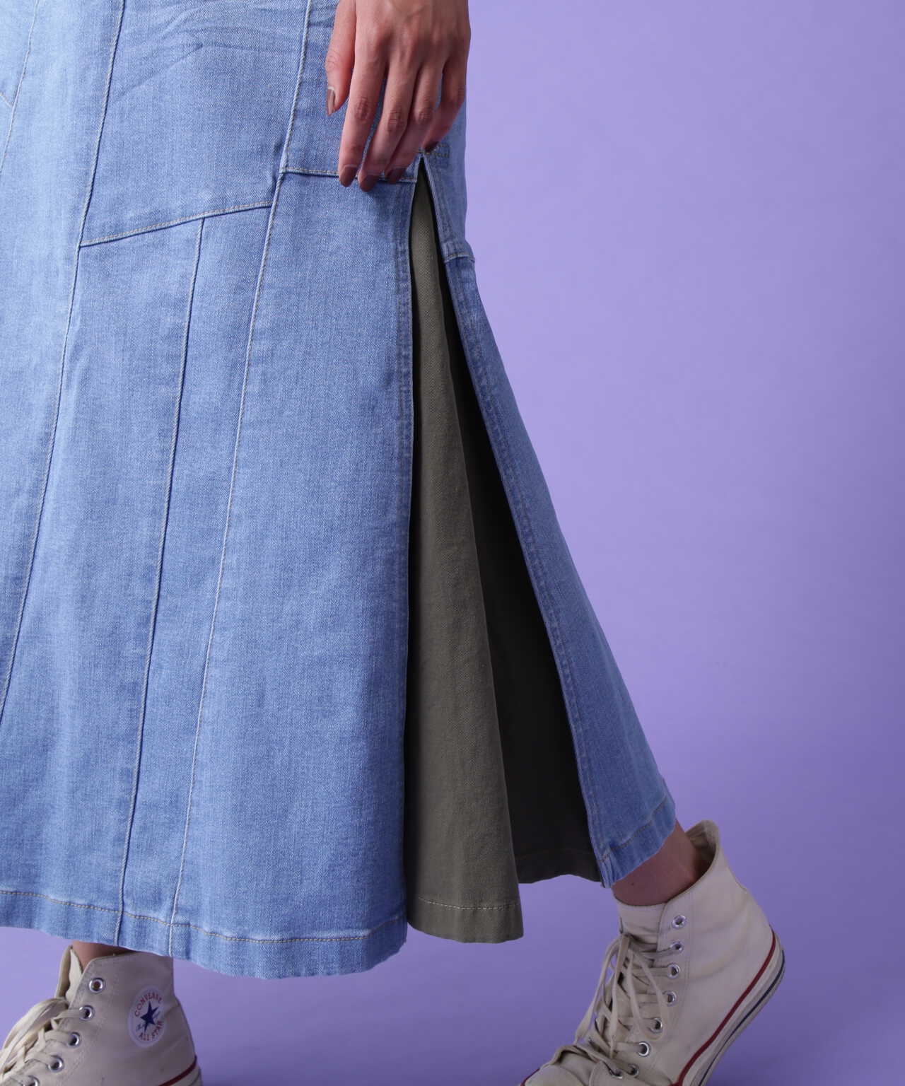 REMAKE STERETCH DENIM SIDE FLARE SKIRT