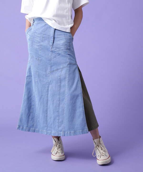 REMAKE STERETCH DENIM SIDE FLARE SKIRT