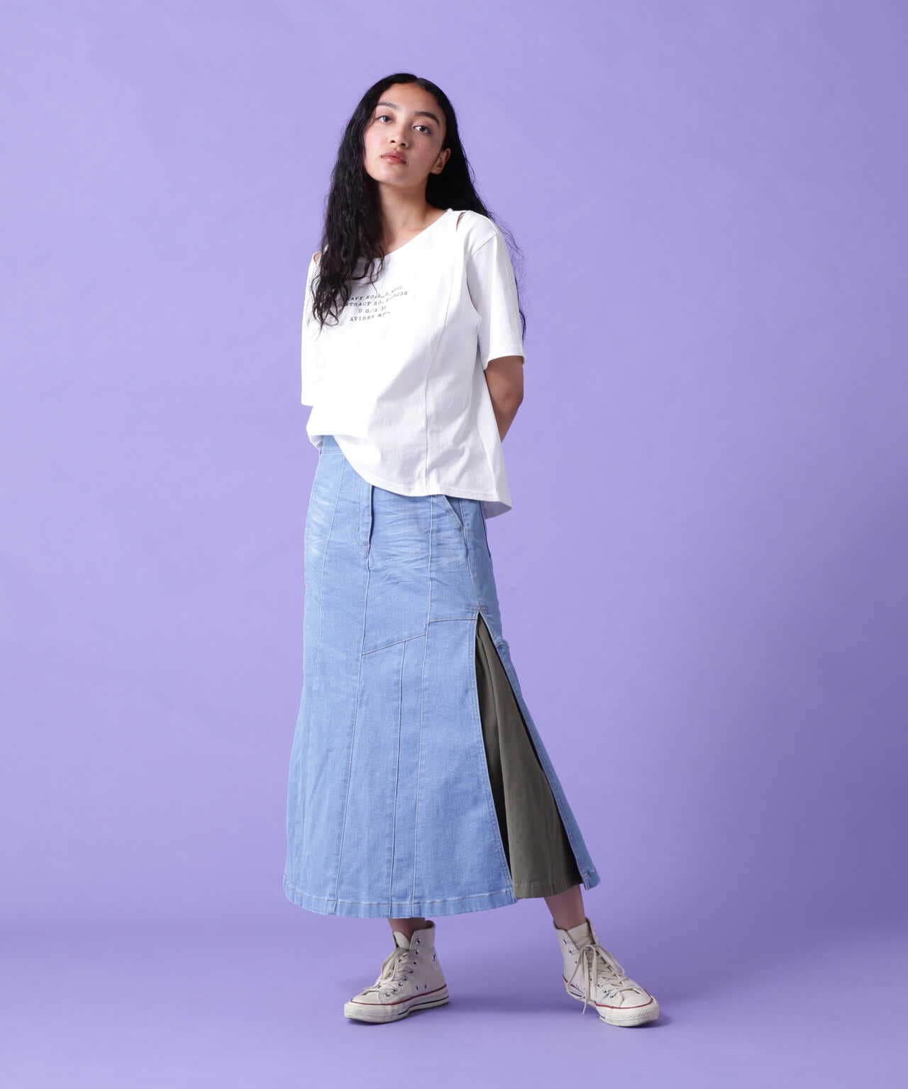 REMAKE STERETCH DENIM SIDE FLARE SKIRT