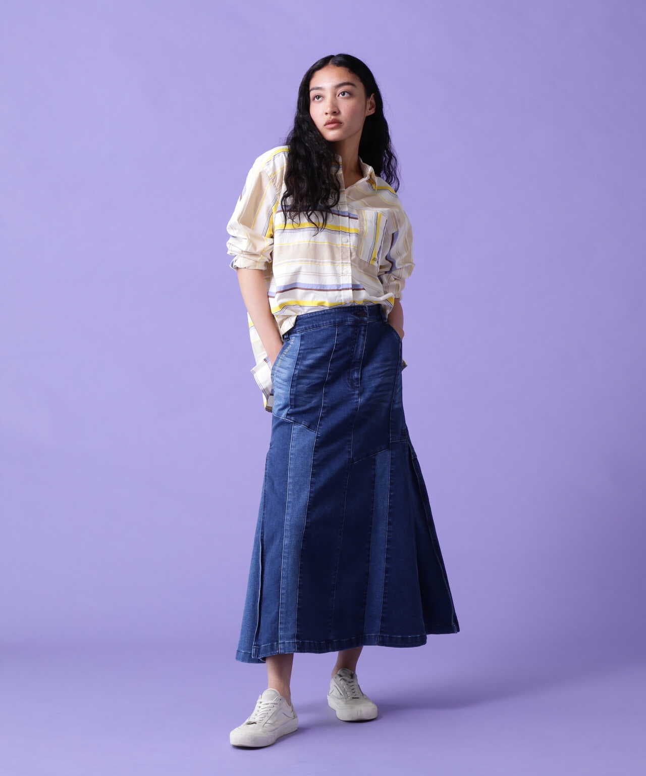 REMAKE STERETCH DENIM SIDE FLARE SKIRT