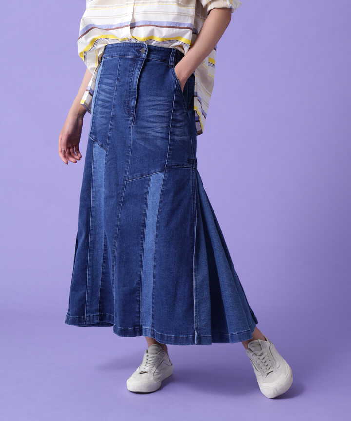 REMAKE STERETCH DENIM SIDE FLARE SKIRT