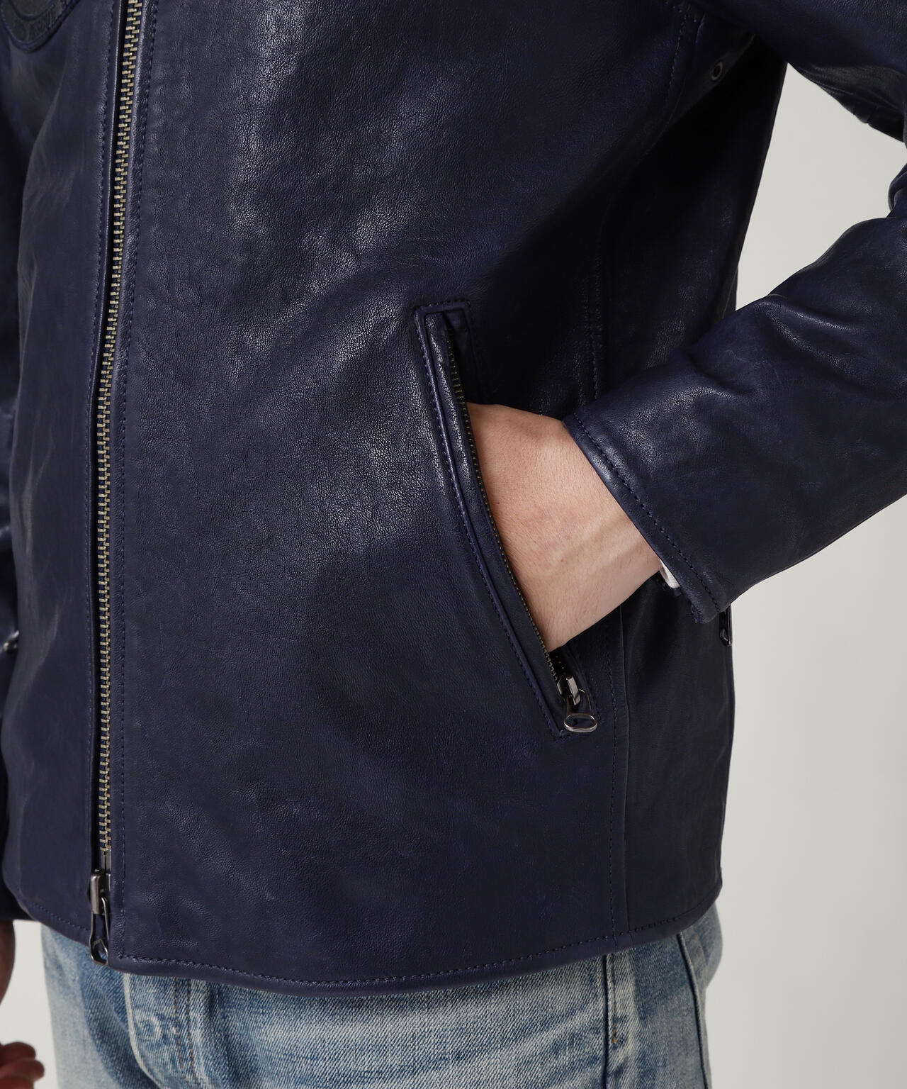 AGED LEATHER STAND ZIP RIDERS JACKET A.N.G.