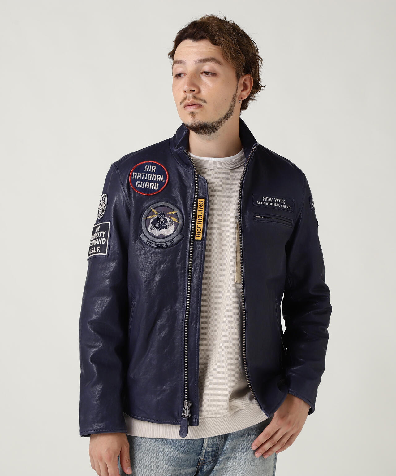 AVIREX Leather Sleeve Bomber Jacket