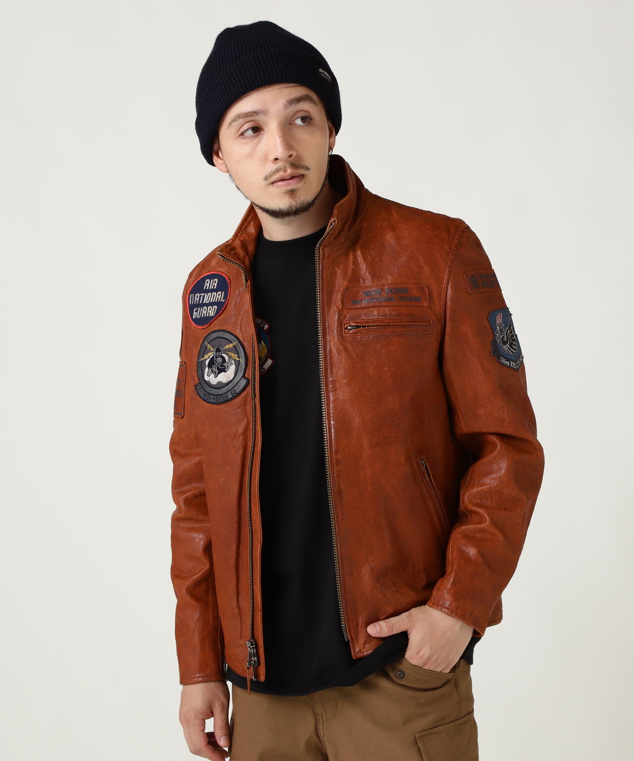 AGED LEATHER STAND ZIP RIDERS JACKET A.N.G. | AVIREX