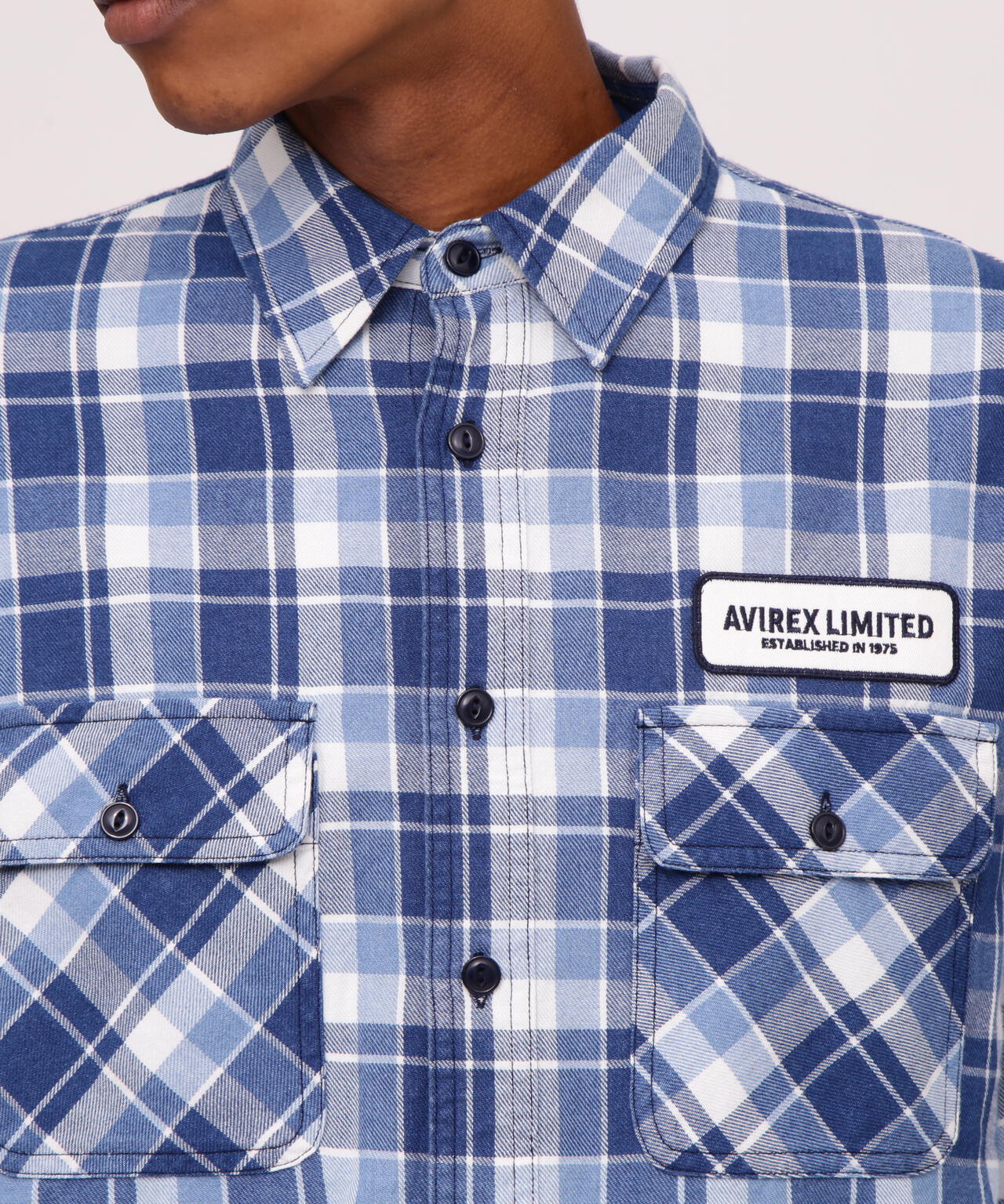 LONG SLEEVE INDIGO CHECK EMBROIDERY SHIRT