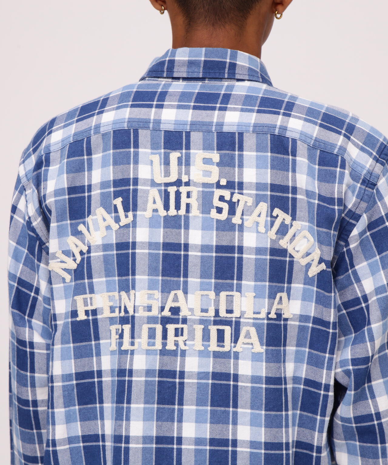 LONG SLEEVE INDIGO CHECK EMBROIDERY SHIRT