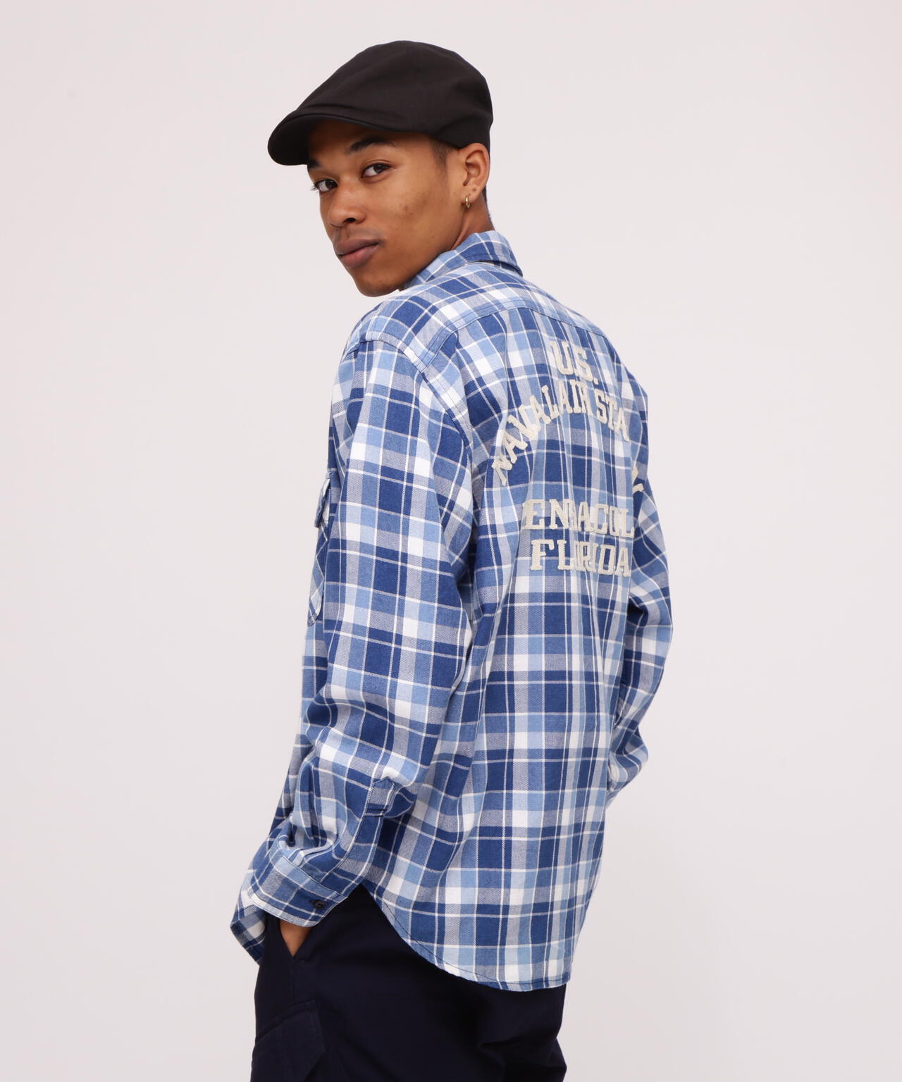 LONG SLEEVE INDIGO CHECK EMBROIDERY SHIRT