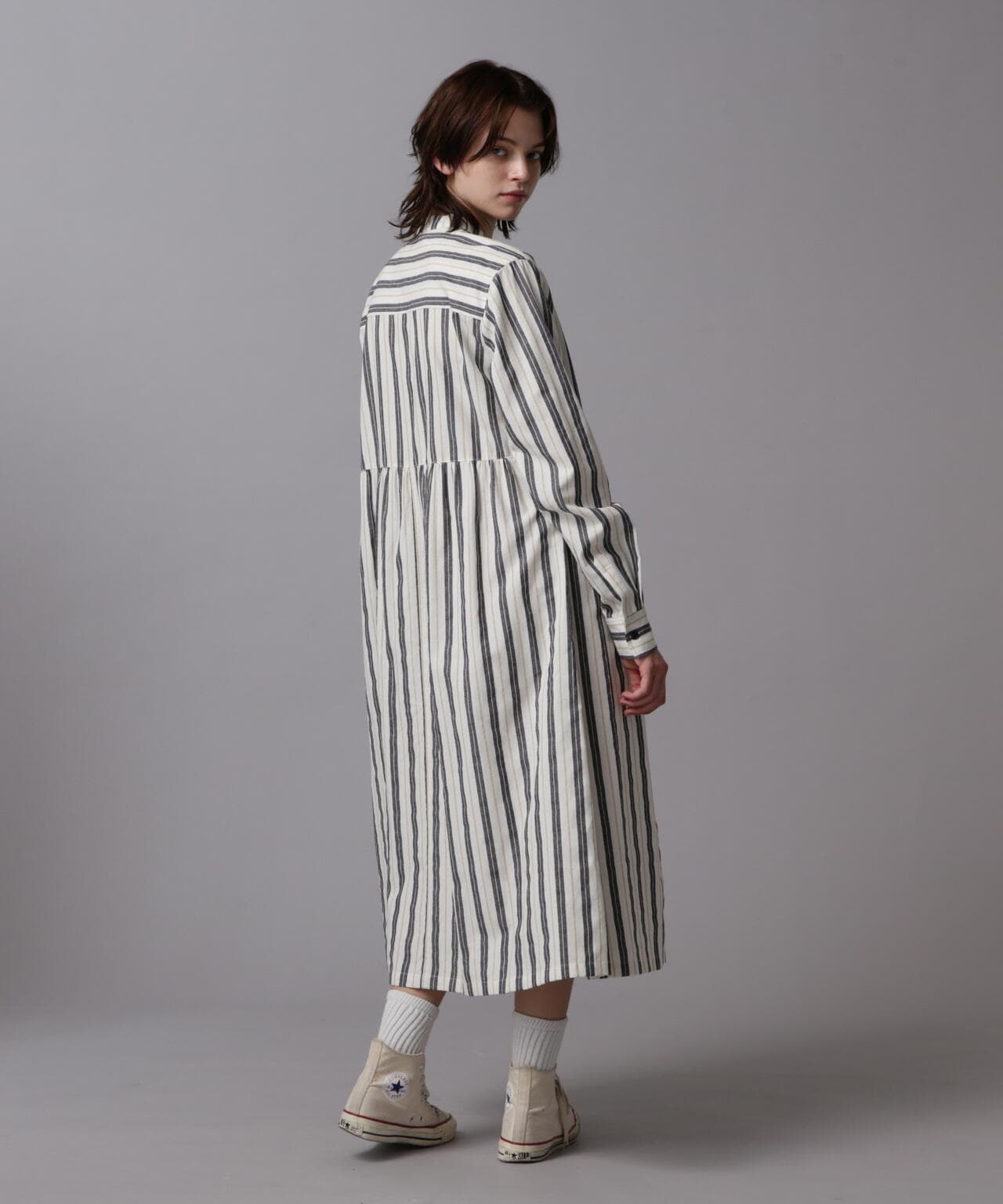 STRIPE GATHER SHIRT ONEPIECE/ストライプ ギャザーシャツワンピース